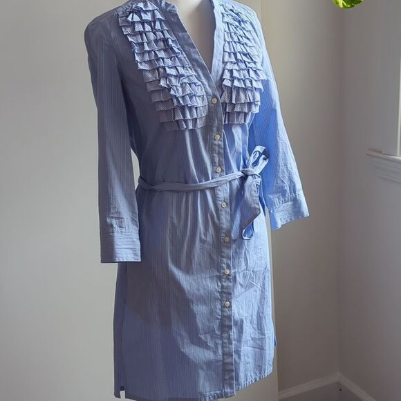 TRULLI BUTTON by‎ ANN TAYLOR FRONT RUFFLE BELTED SHIRT DRESS, SKY BLUE/WHT, SZ 2 - Picture 1 of 11